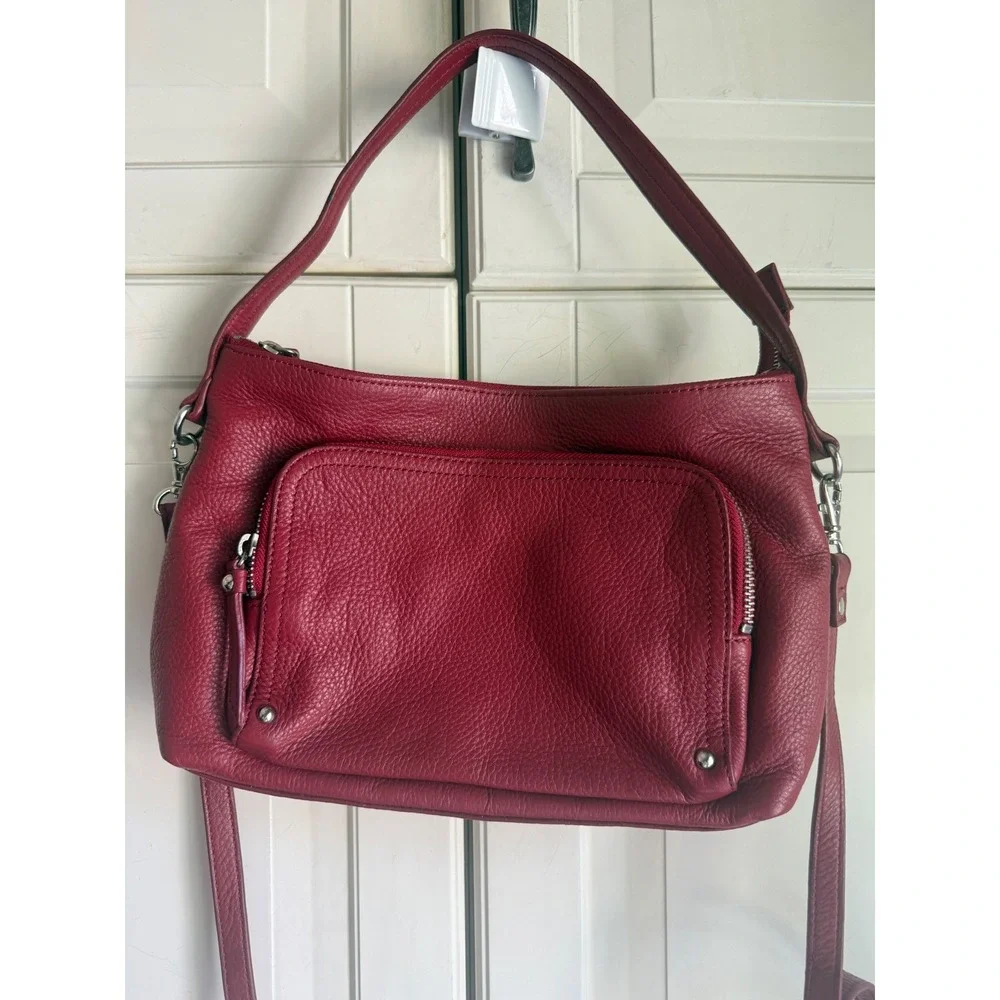 Red Pebbled Leather Convertible Shoulder Bag Crossbody Handbag